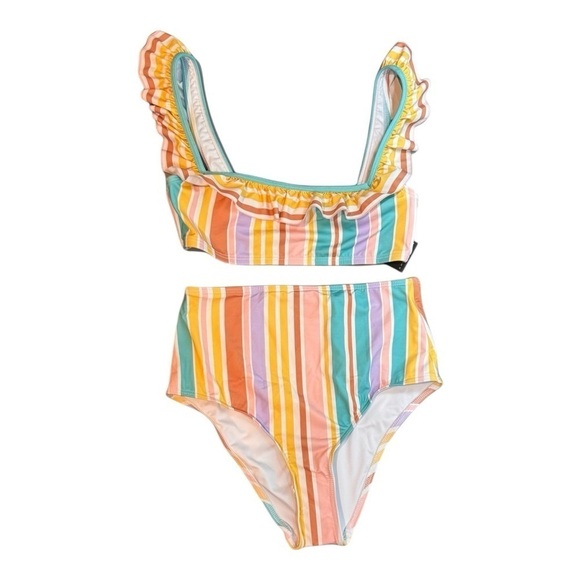 EPHEMERA Flounce Bra and High Waisted Bikini Pant in Bonbon Stripe NWT - Picture 2 of 12